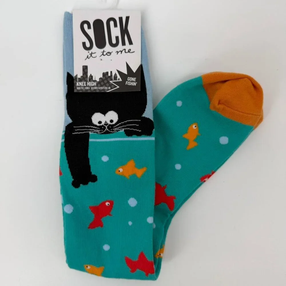Sock It to Me, Gone Fishing' Unisex Stretch-It Knee-High Socks, Fishy Cat Socks